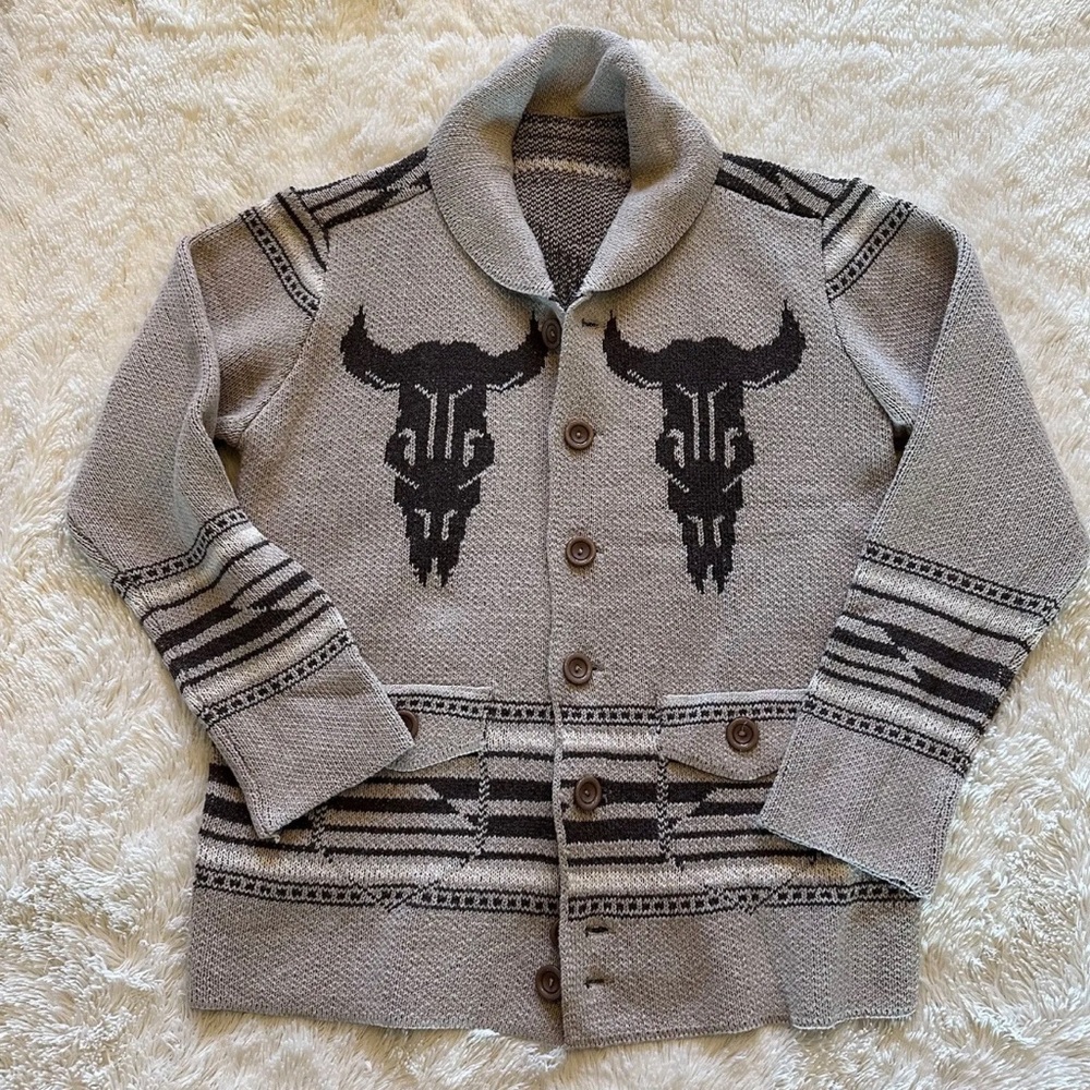 Western Bucking Bronc Rodeo Horse Cowichan Knit Traditional Button Front Sweater - Picture 4 of 10